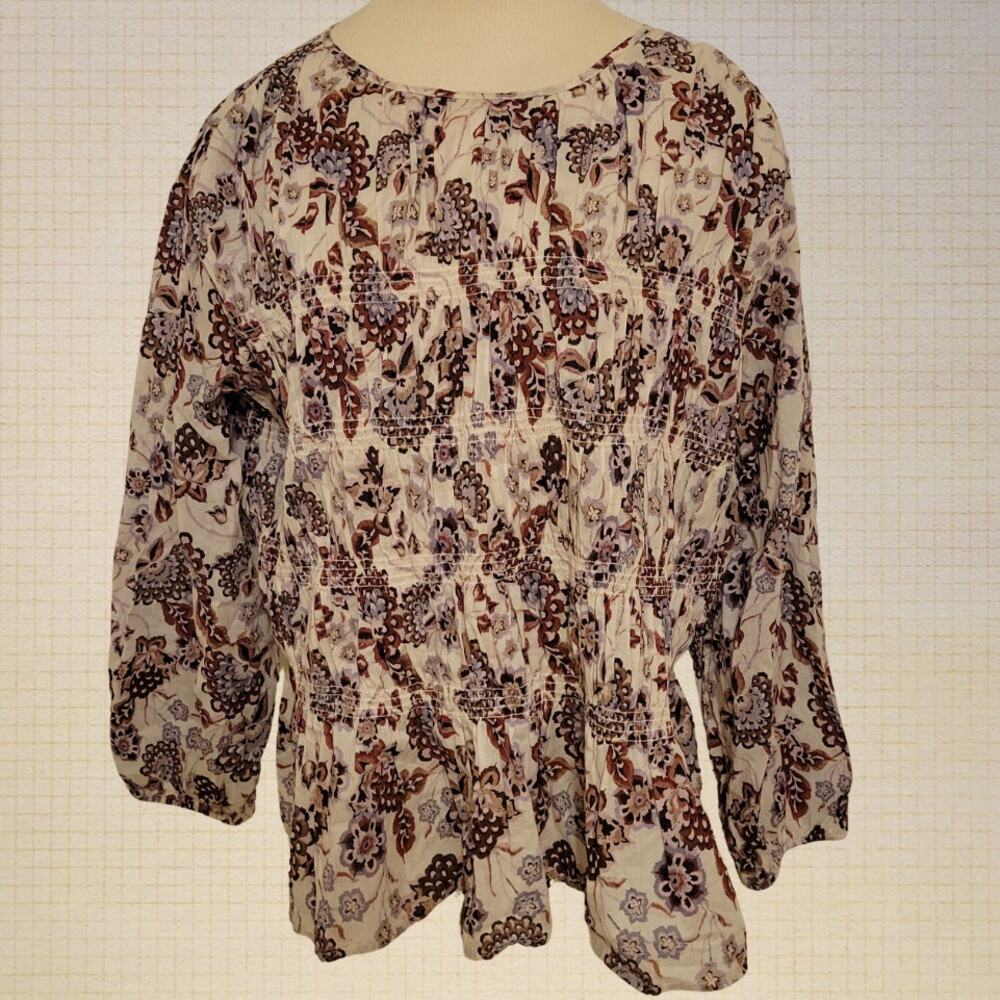 Boho Flowy Crimped Floral Stretch Blouse Beige Purple XL Cotton